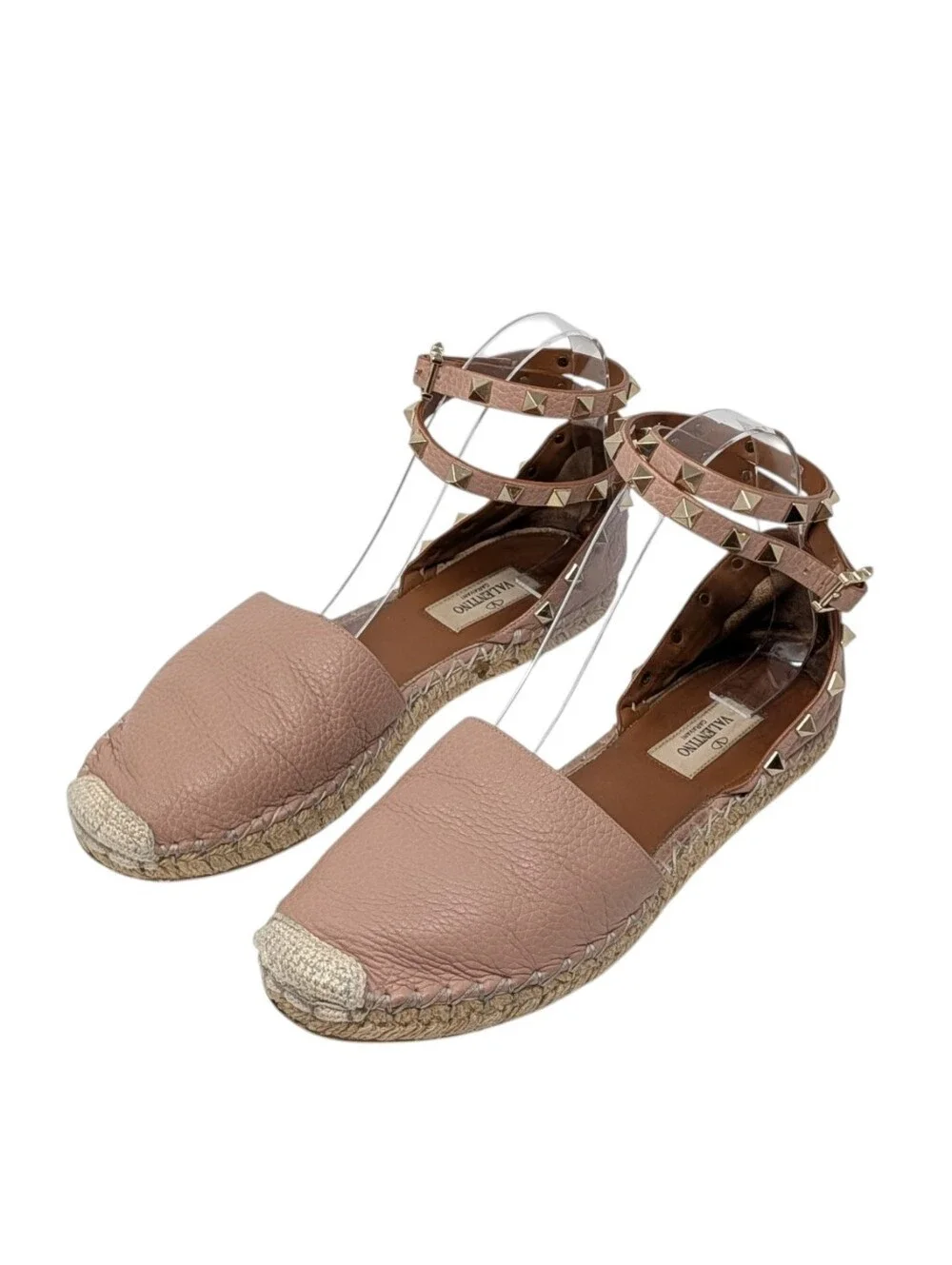 Valentino Garavani Blush Nude Beige Leather Rockstud Espadrille Flats Size EU 38